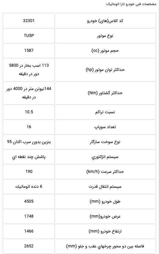 مشخصات خودرو تارا اتوماتیک بروزرسانی شد